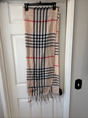 Classic Plaid Fringe Scarf in Beige, Black & Red